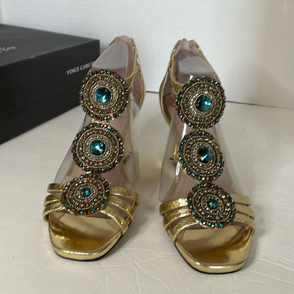 Vince Camuto VC Bayle gold snakeskin sandal wedge shoes size Women’s 7.5W - Picture 3 of 17